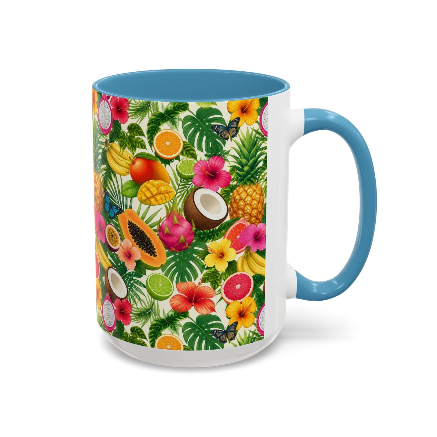 Tropical Fruit Coffee Mug — Colorful Pineapple & Hibiscus Accent Ceramic Mug (11/15oz)