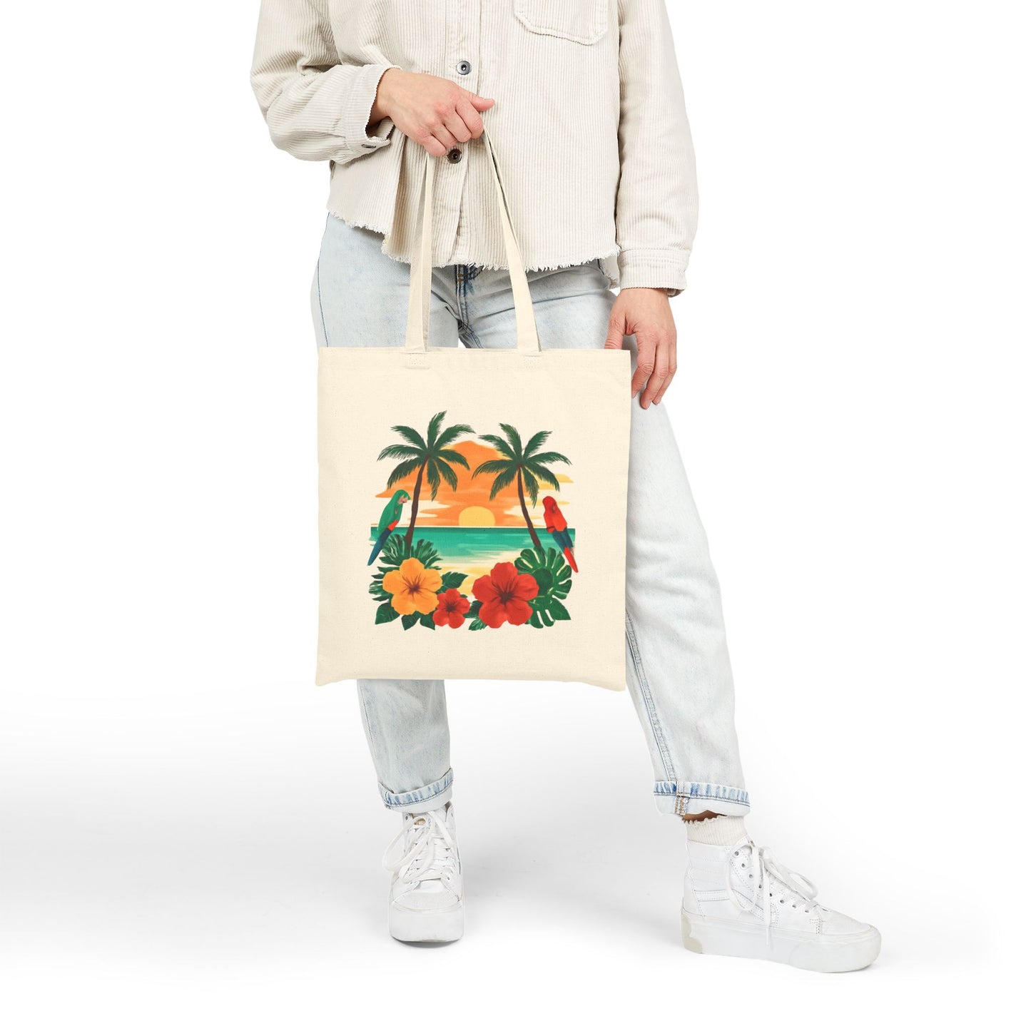 Tote Bag — Tropical Sunset Palm & Hibiscus Canvas Tote