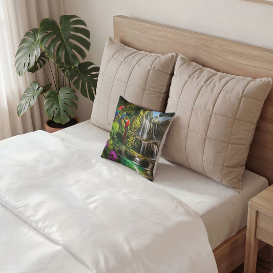 Tropical Waterfall Pillow - Velvet Parrot Paradise Throw Pillow