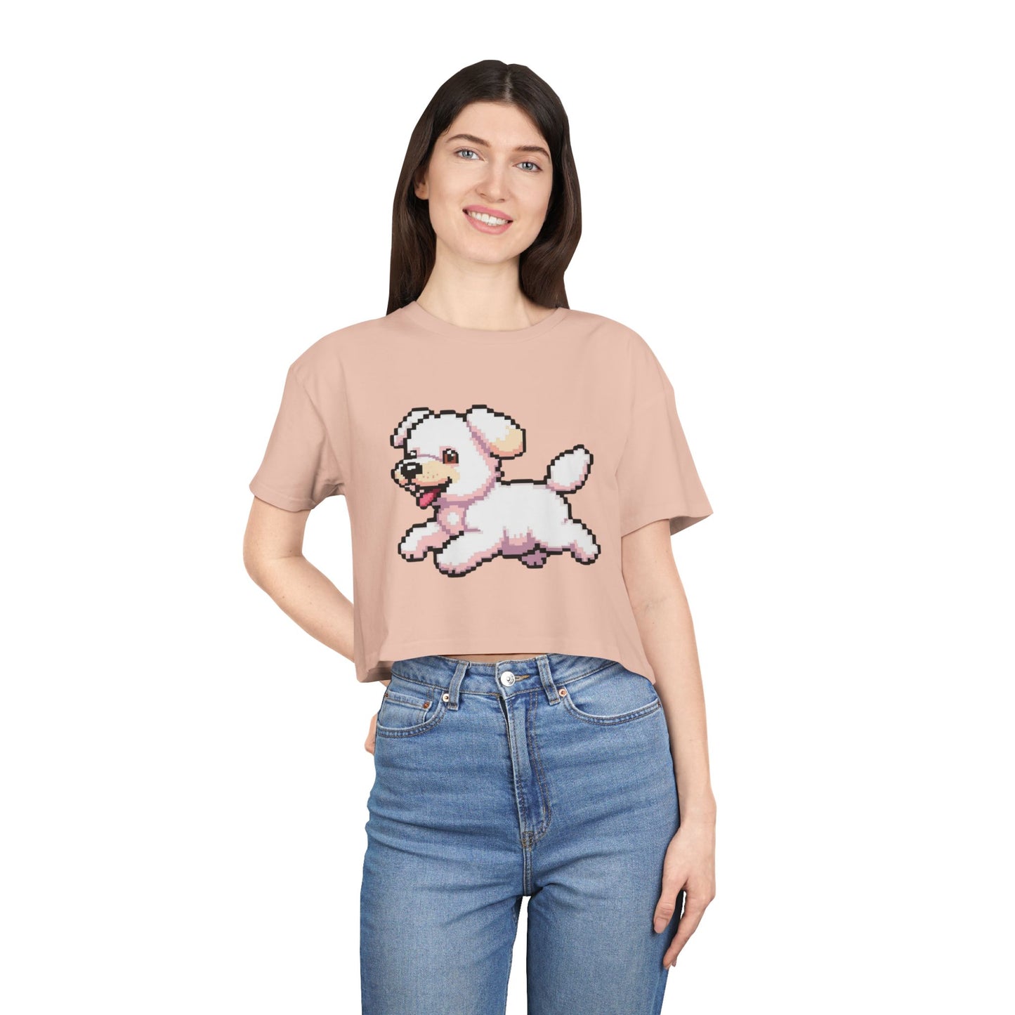 Playful Retro Dog Women's Crop Tee, Cute Animal Top, Summer Shirt, Gift for Dog Lovers, Casual Style, Beachwear