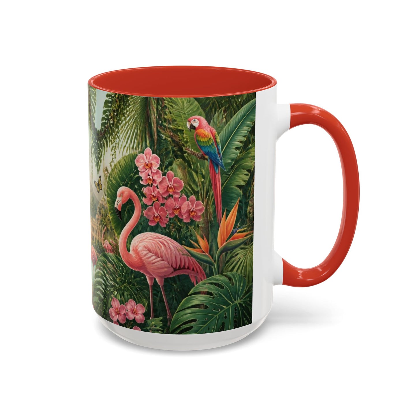Tropical Flamingo Accent Mug — Colorful Parrot & Palm Coffee Cup