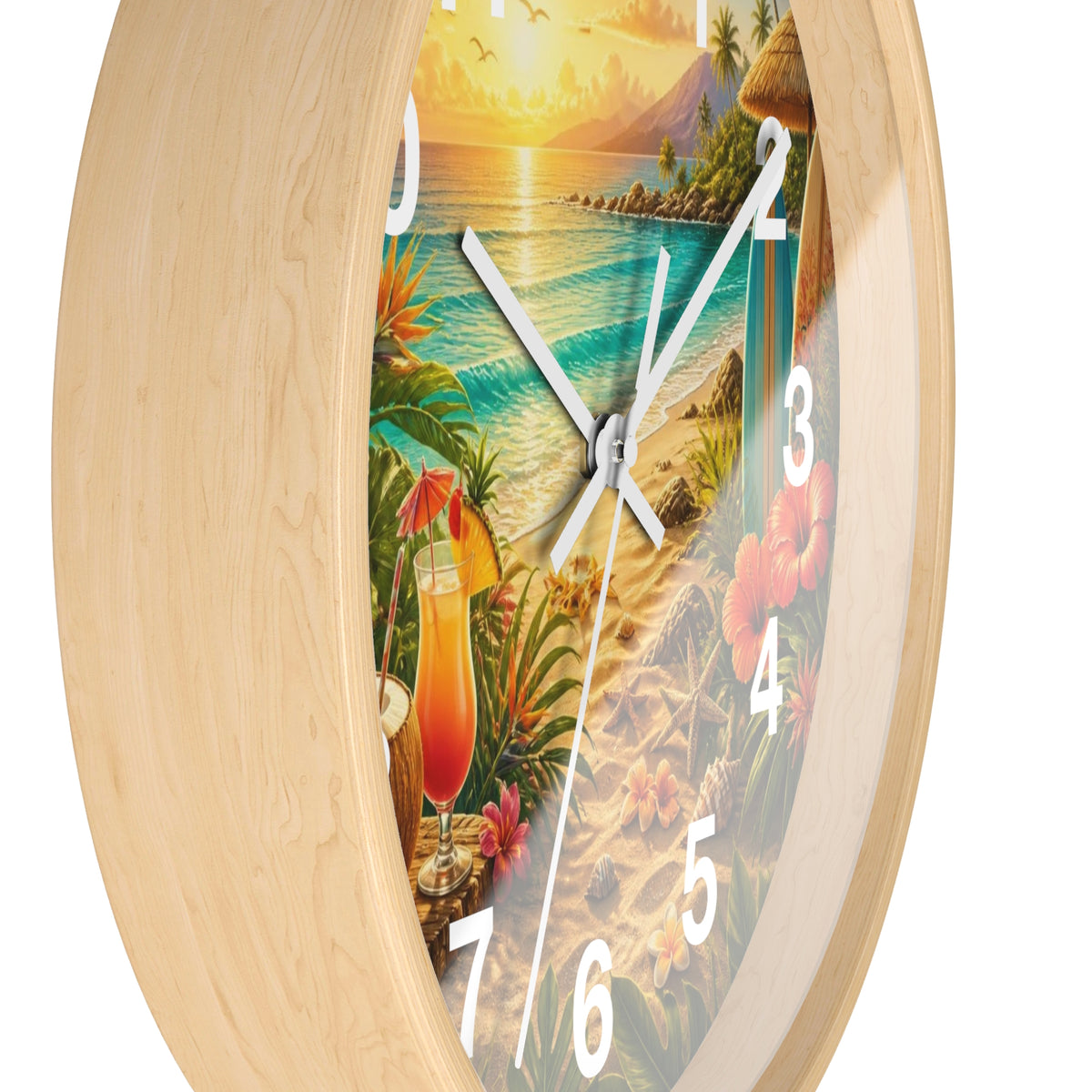 Tropical Beach Wall Clock — Sunset Surf & Hibiscus Clock