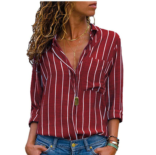 Women's Fashion Long-Sleeve Shirt – Multicolor Striped Casual Blouse