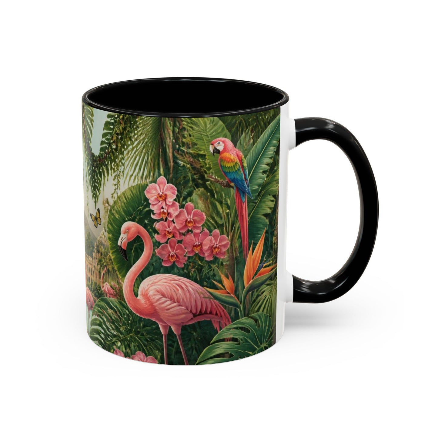 Tropical Flamingo Accent Mug — Colorful Parrot & Palm Coffee Cup