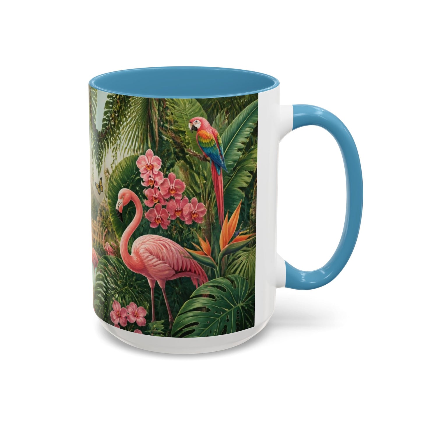 Tropical Flamingo Accent Mug — Colorful Parrot & Palm Coffee Cup