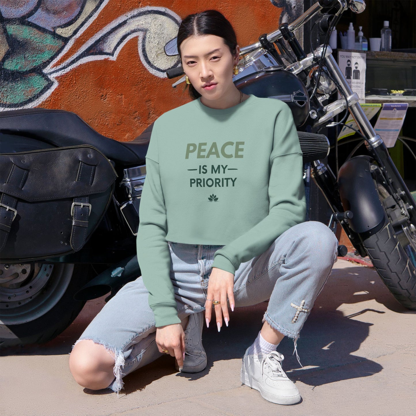 Cropped Sweatshirt — "Peace Is My Priority" Relaxed Women's Pullover