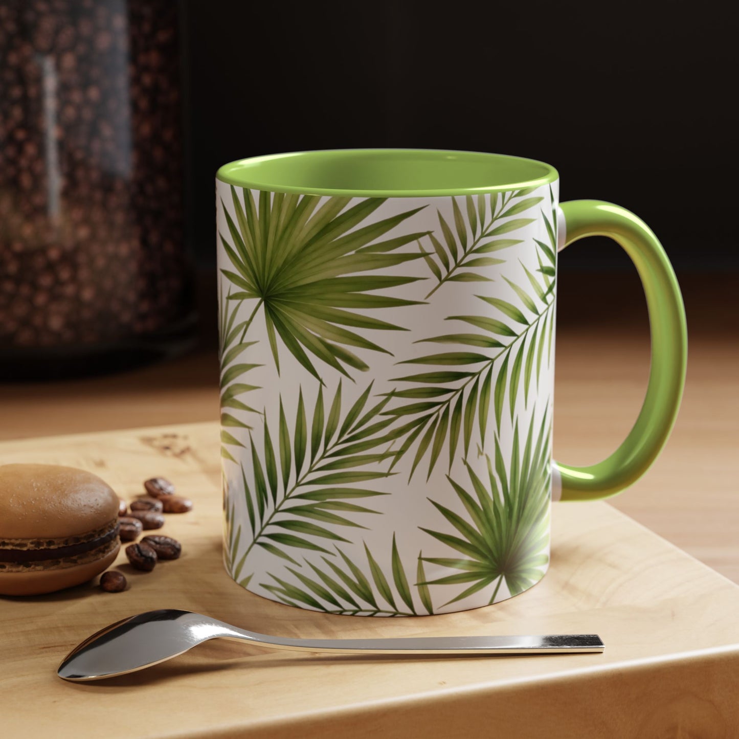 Tropical Palm Accent Coffee Mug – Green Leaf Pattern, 11/15oz