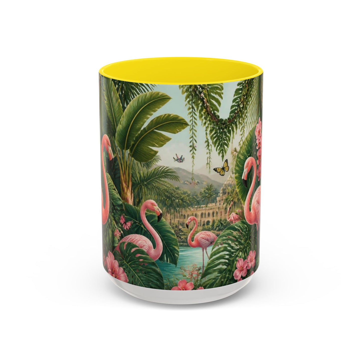 Tropical Flamingo Accent Mug — Colorful Parrot & Palm Coffee Cup