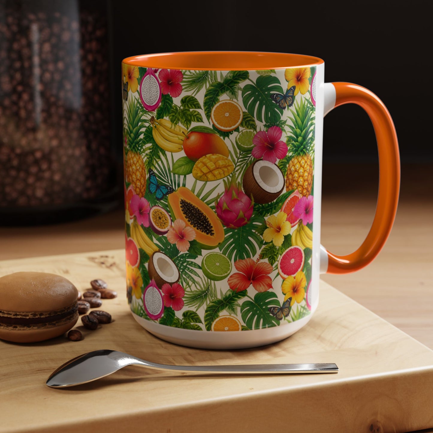 Tropical Fruit Coffee Mug — Colorful Pineapple & Hibiscus Accent Ceramic Mug (11/15oz)