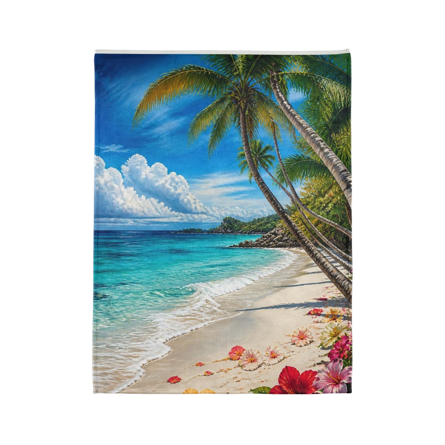 Tropical Beach Blanket — Palm Trees, Ocean Waves & Hibiscus Coastal Throw