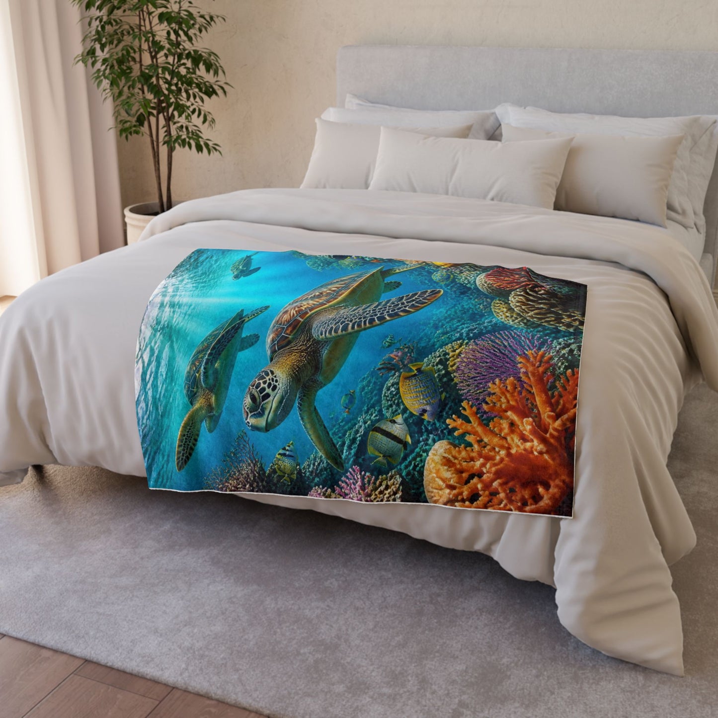 Sea Turtle Ocean Coral Soft Polyester Blanket — Marine Life Throw for Beach Lovers