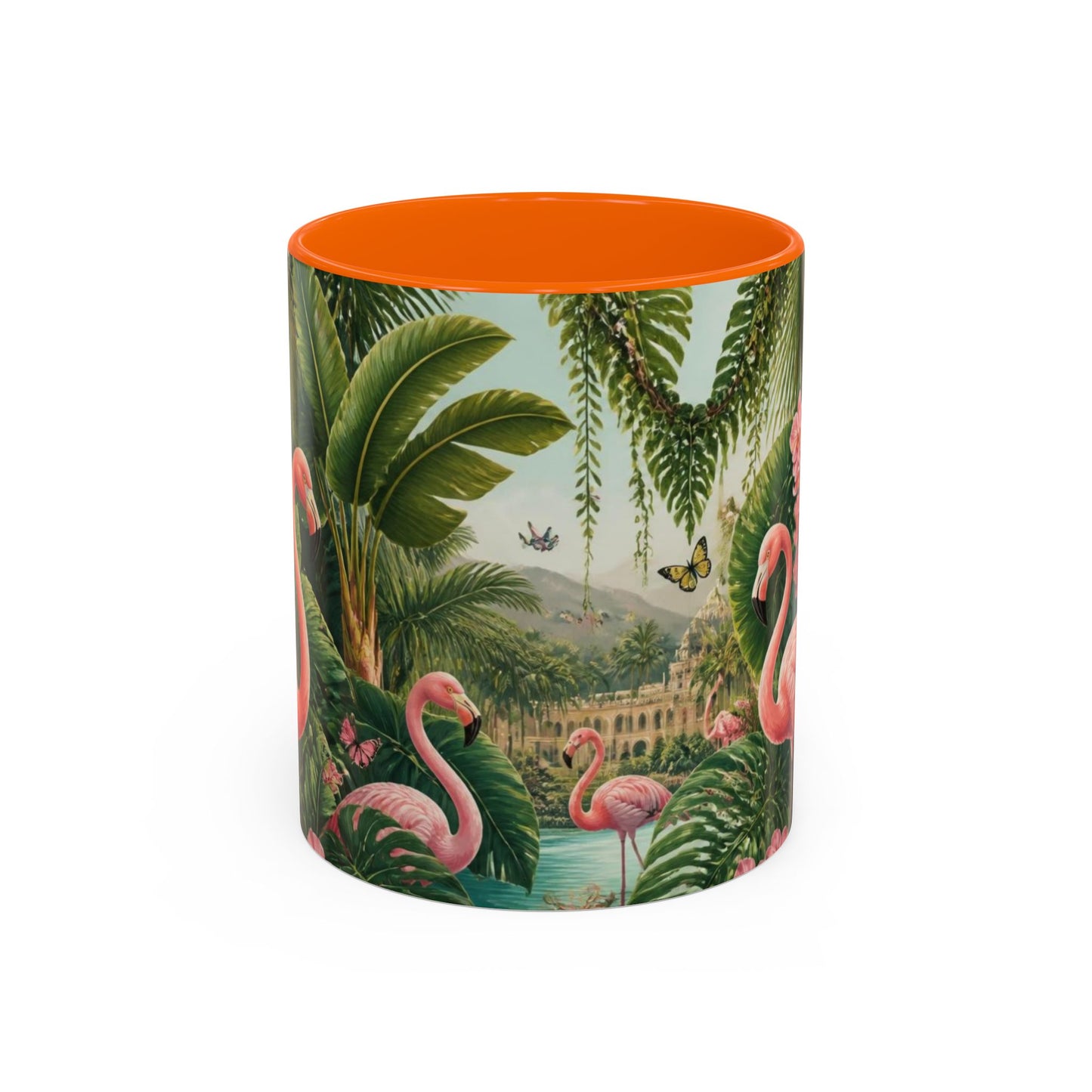 Tropical Flamingo Accent Mug — Colorful Parrot & Palm Coffee Cup