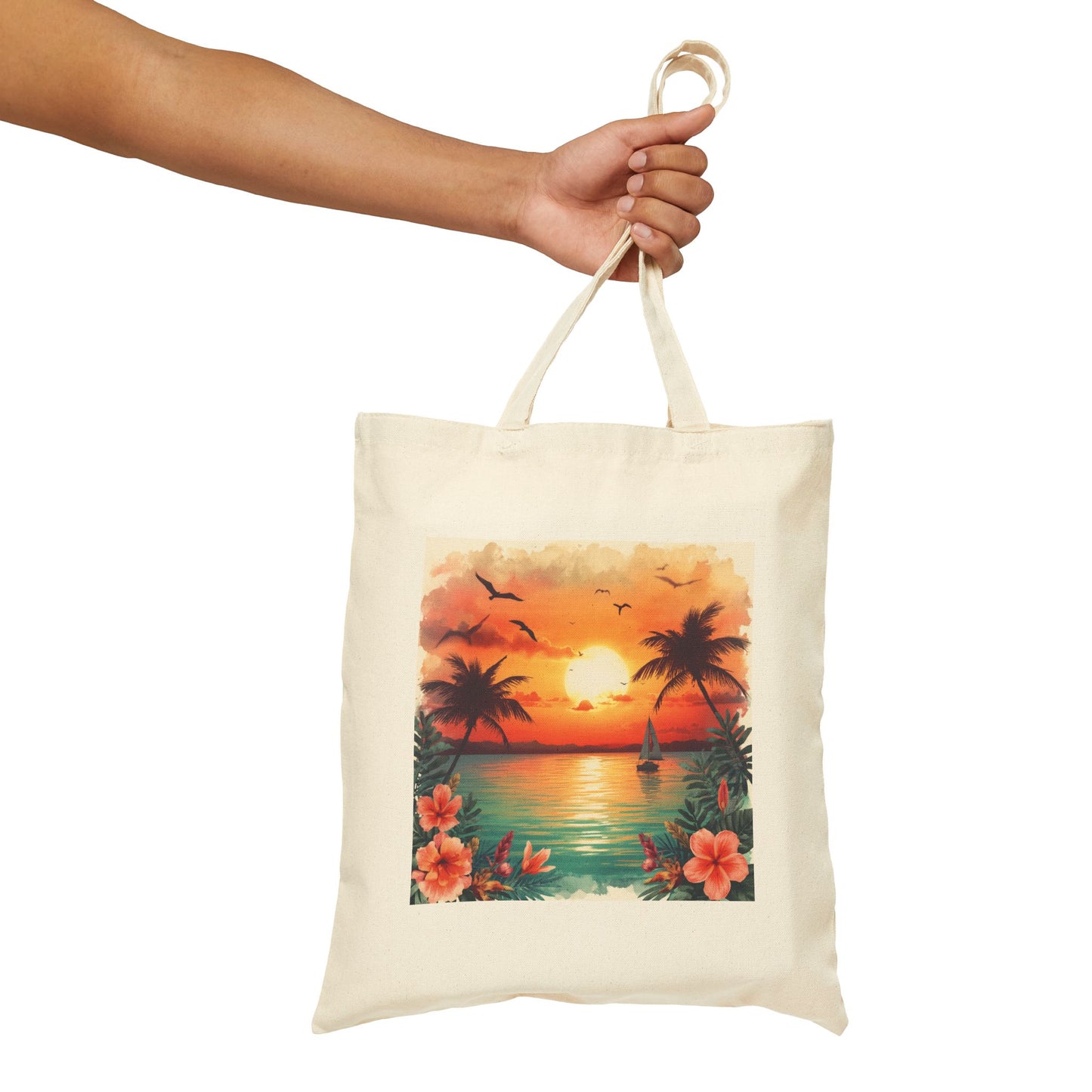 Tote Bag — Tropical Sunset Beach Canvas Tote (Palm Trees & Hibiscus)
