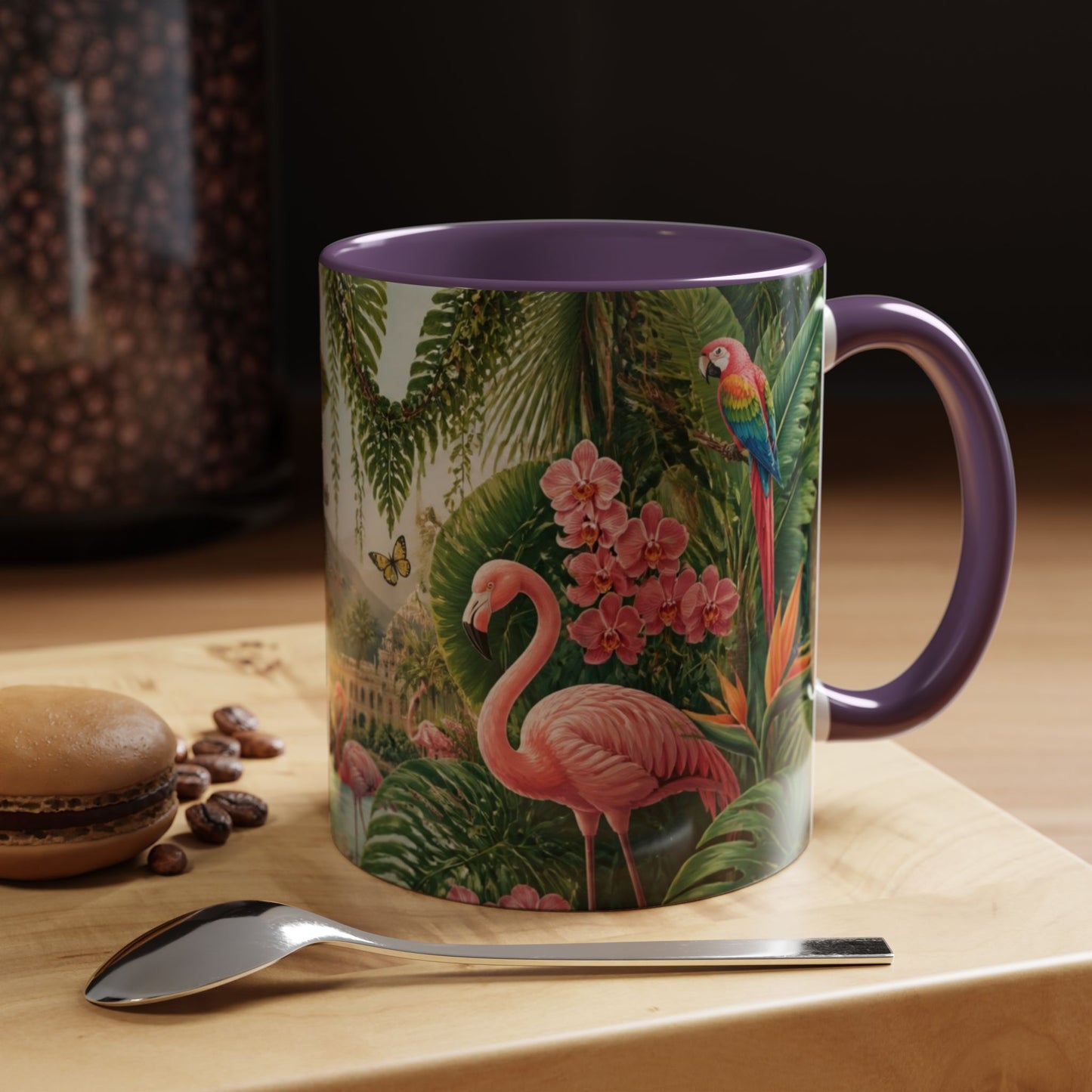 Tropical Flamingo Accent Mug — Colorful Parrot & Palm Coffee Cup