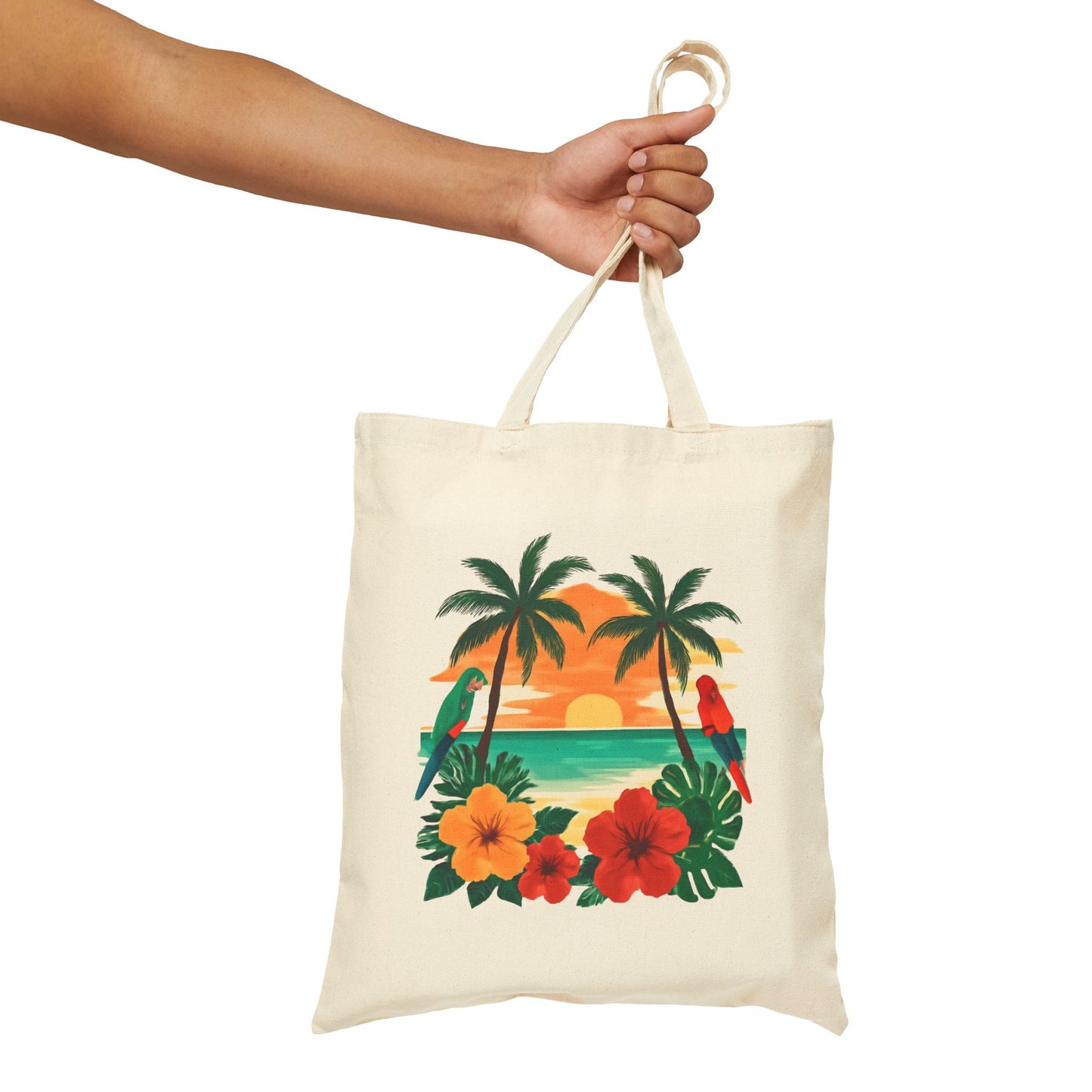 Tote Bag — Tropical Sunset Palm & Hibiscus Canvas Tote