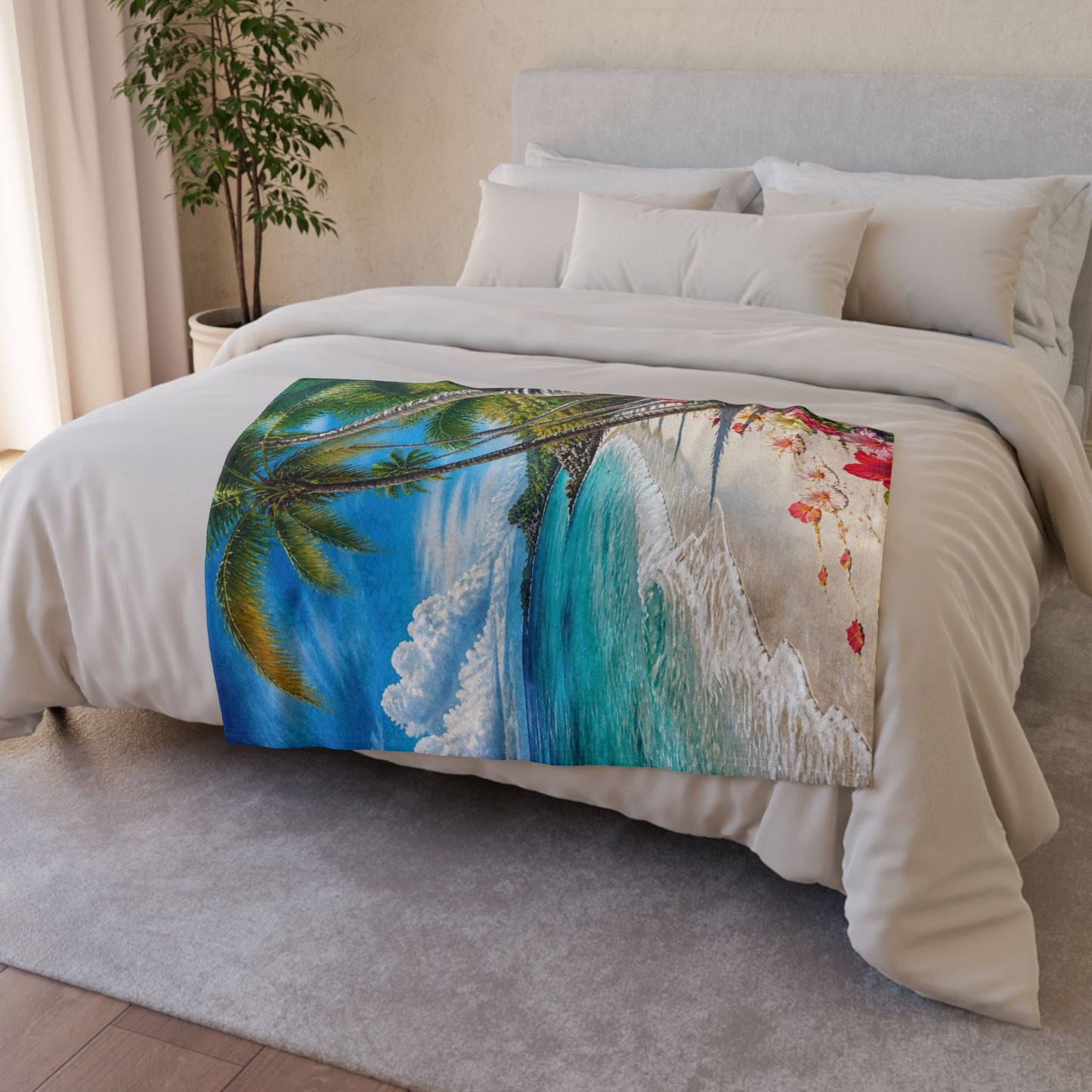 Tropical Beach Blanket — Palm Trees, Ocean Waves & Hibiscus Coastal Throw