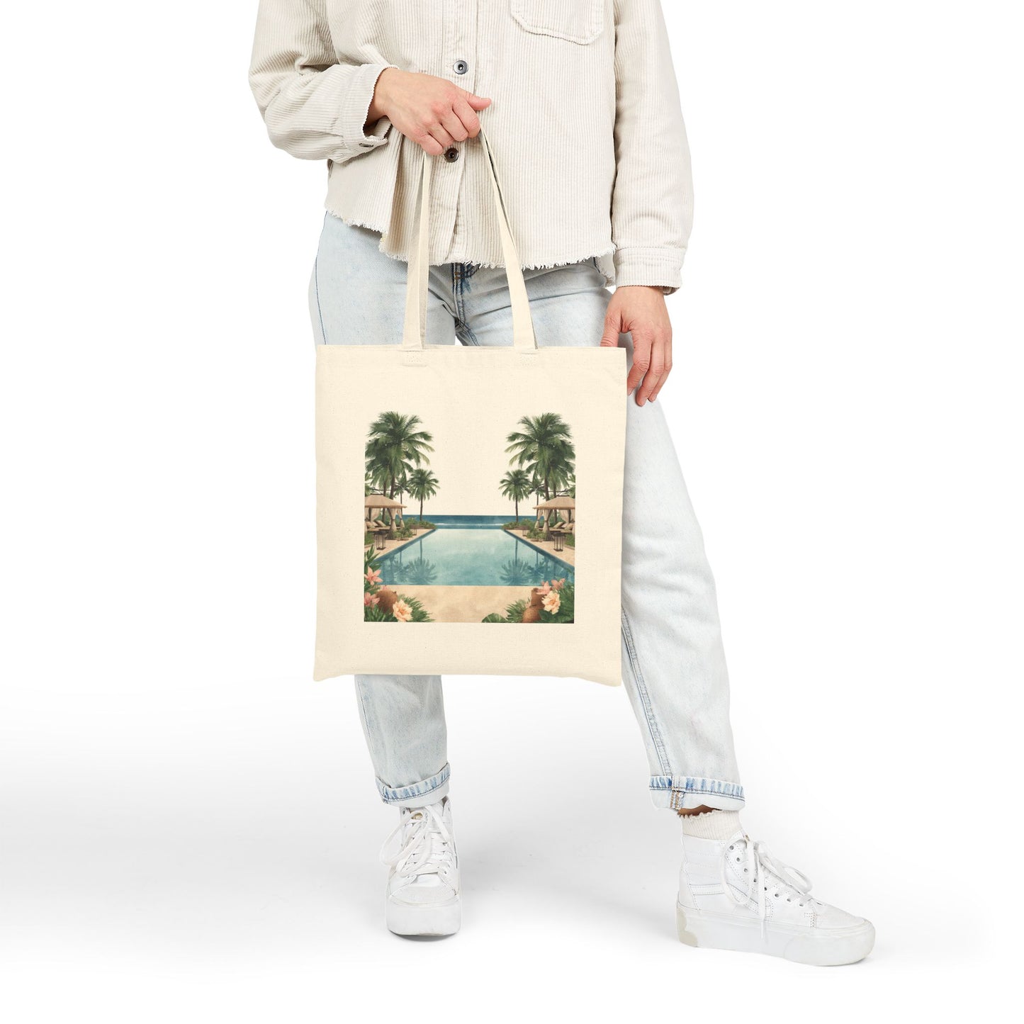 Tote Bag — Vintage Tropical Pool Canvas Tote (Palm Trees & Hibiscus)