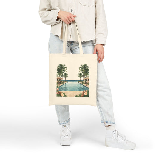 Tote Bag — Vintage Tropical Pool Canvas Tote (Palm Trees & Hibiscus)