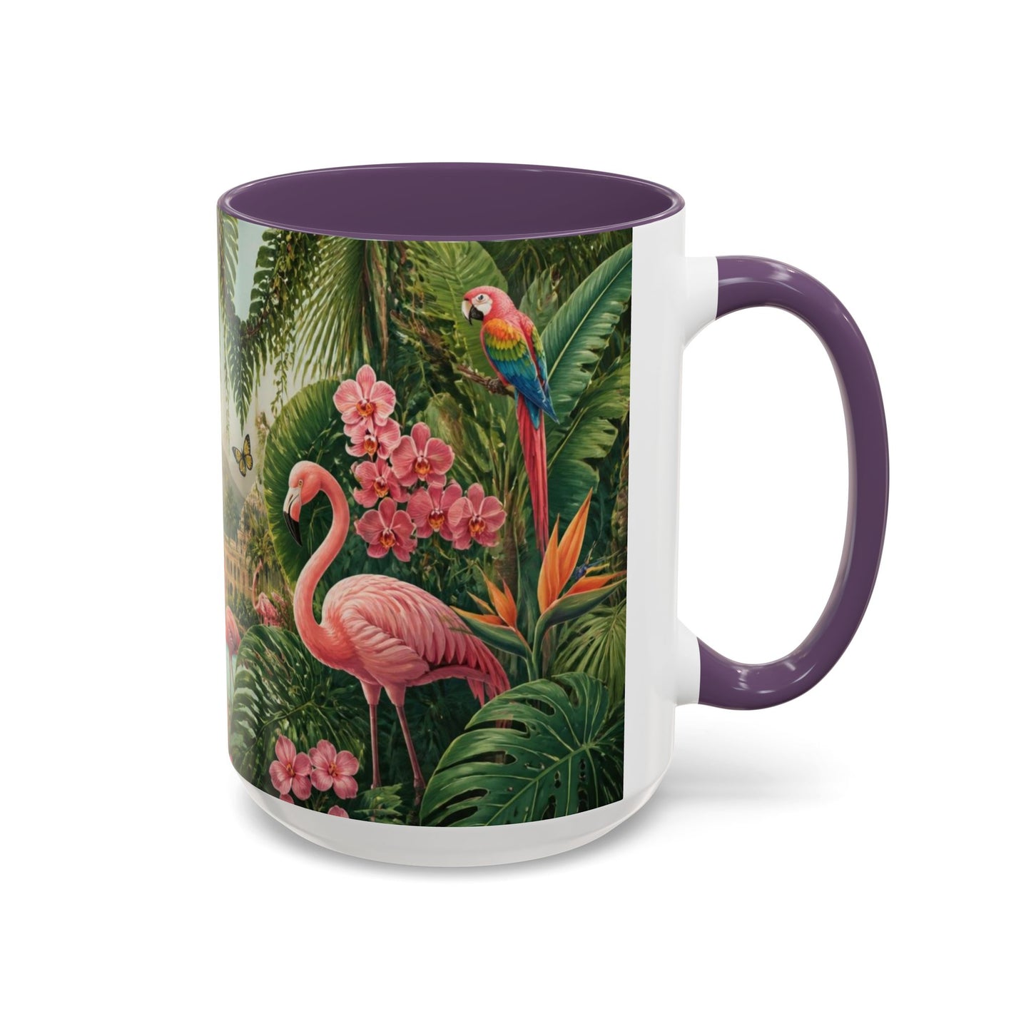 Tropical Flamingo Accent Mug — Colorful Parrot & Palm Coffee Cup