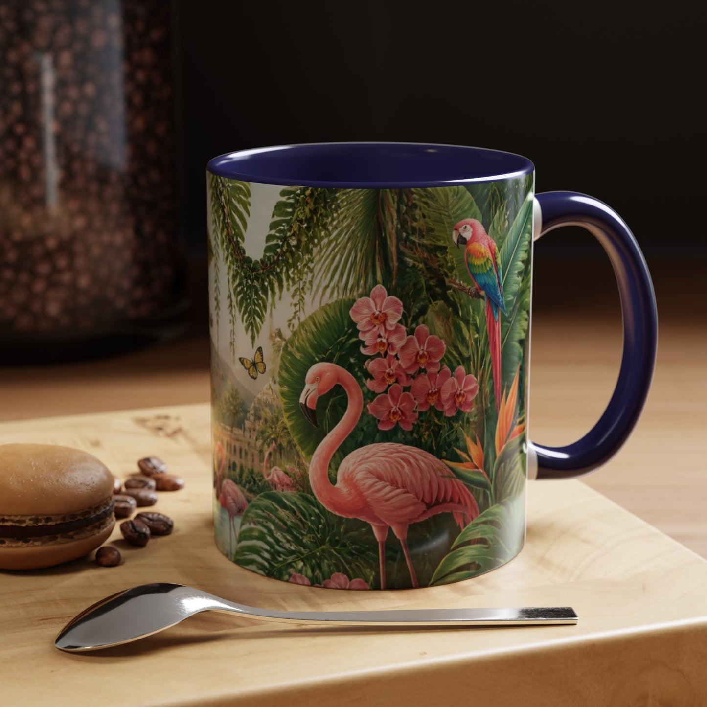 Tropical Flamingo Accent Mug — Colorful Parrot & Palm Coffee Cup