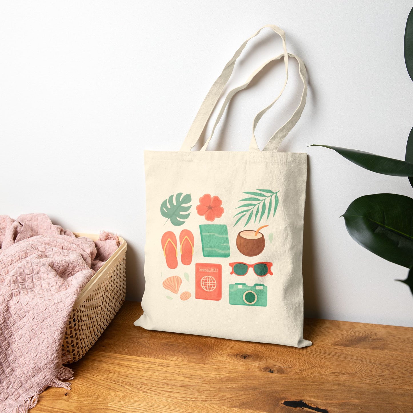 Tote Bag — Summer Travel Essentials Canvas Tote (flip-flops, camera, coconut & sunglasses)