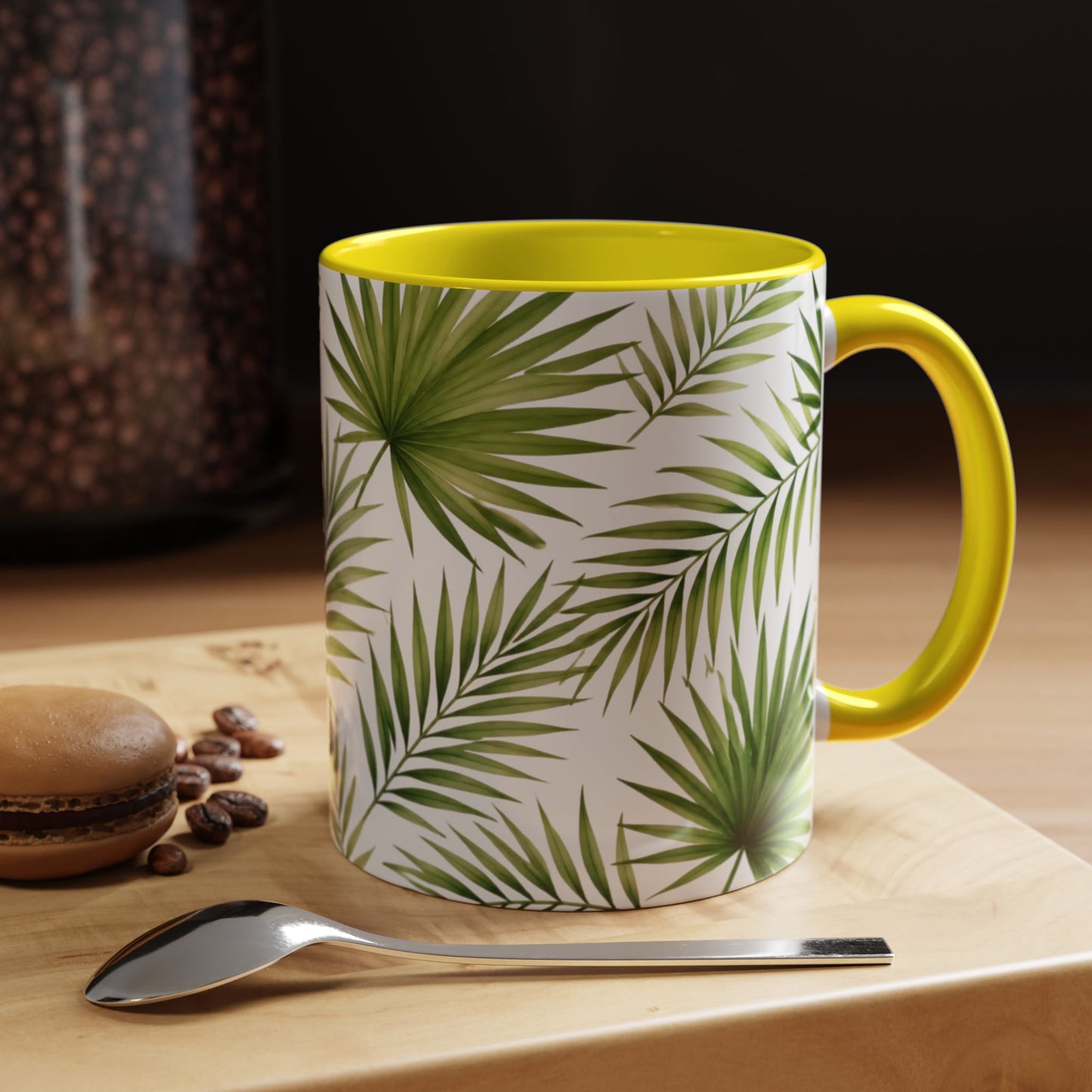 Tropical Palm Accent Coffee Mug – Green Leaf Pattern, 11/15oz