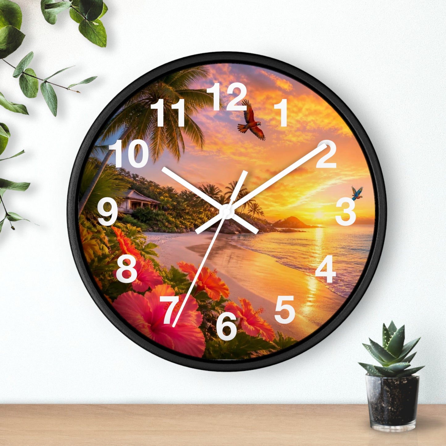 Tropical Sunset Wall Clock — Beachscape Clock with Hibiscus & Palm Design