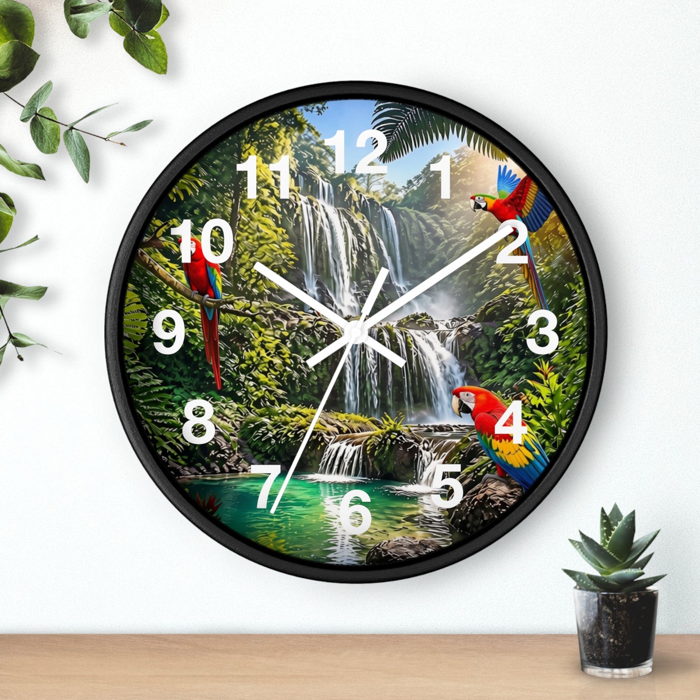 Tropical Waterfall Wall Clock with Colorful Parrots – Scenic Jungle Decor