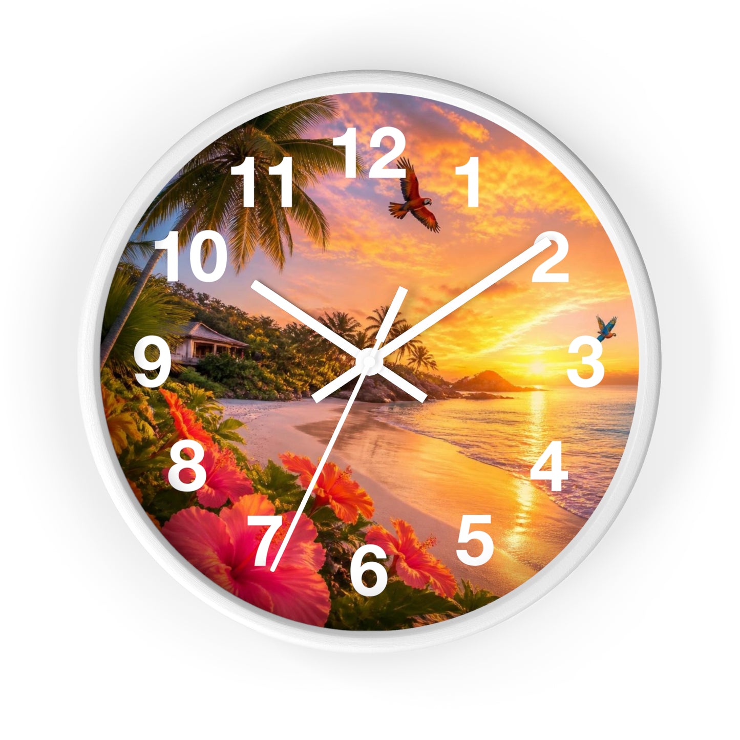 Tropical Sunset Wall Clock — Beachscape Clock with Hibiscus & Palm Design