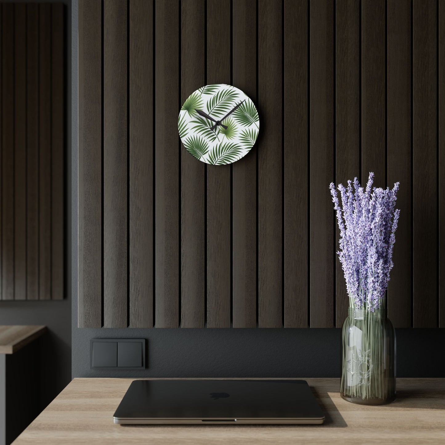 Tropical Palm Leaf Acrylic Wall Clock — Botanical Green Home Decor