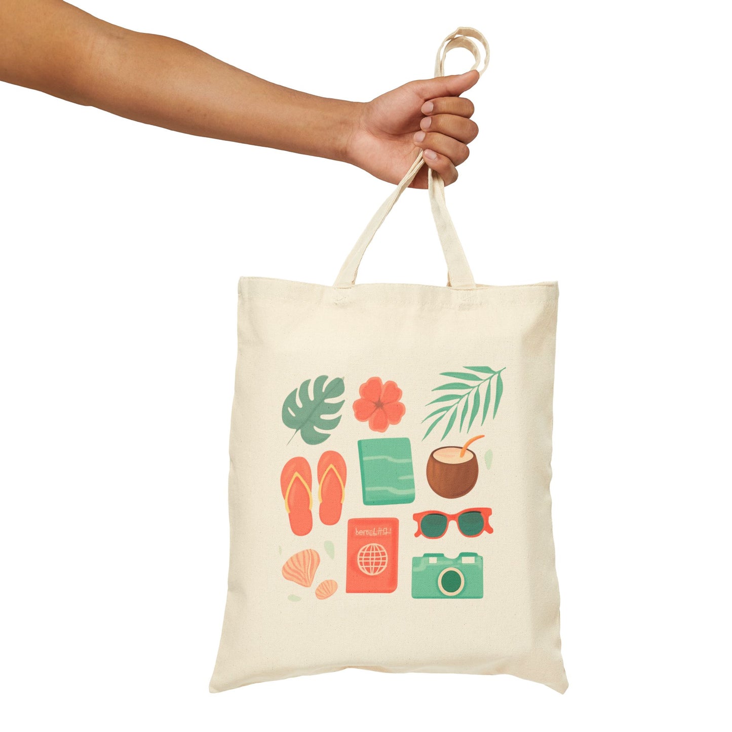 Tote Bag — Summer Travel Essentials Canvas Tote (flip-flops, camera, coconut & sunglasses)