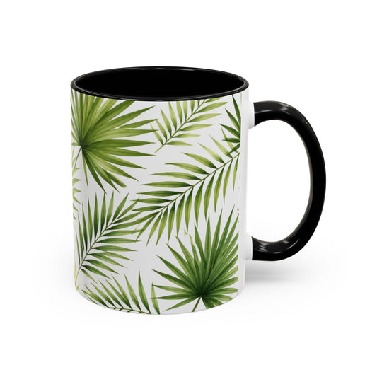 Tropical Palm Accent Coffee Mug – Green Leaf Pattern, 11/15oz