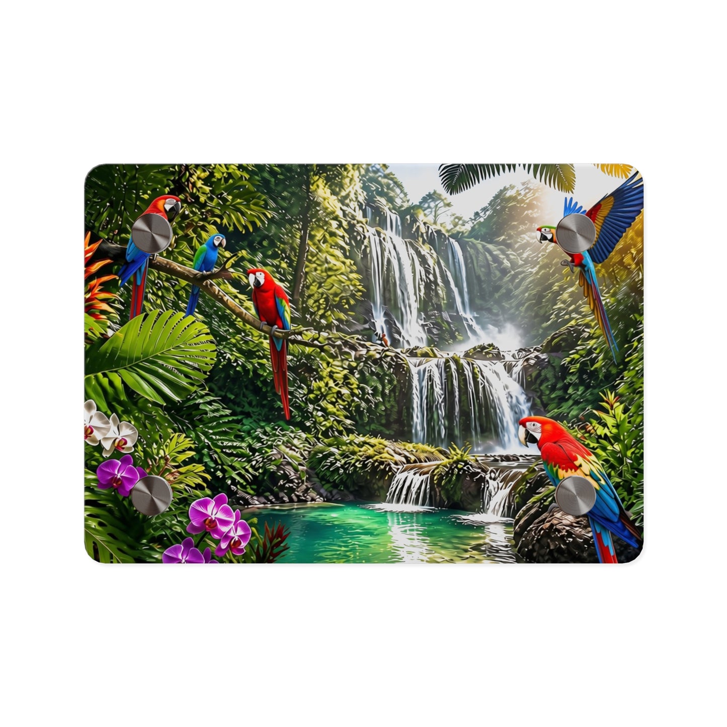 Tropical Waterfall Acrylic Wall Art Panel — Parrots & Jungle Oasis