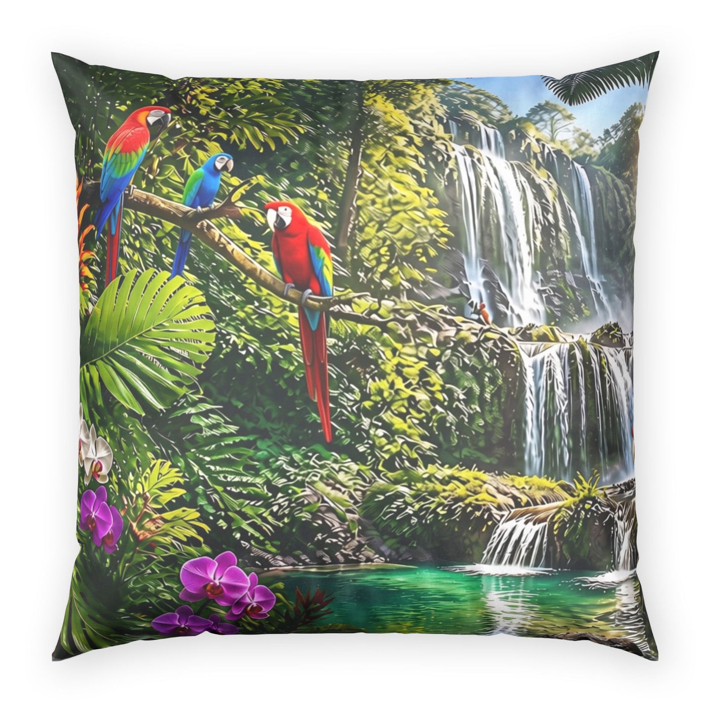 Tropical Waterfall Pillow - Velvet Parrot Paradise Throw Pillow