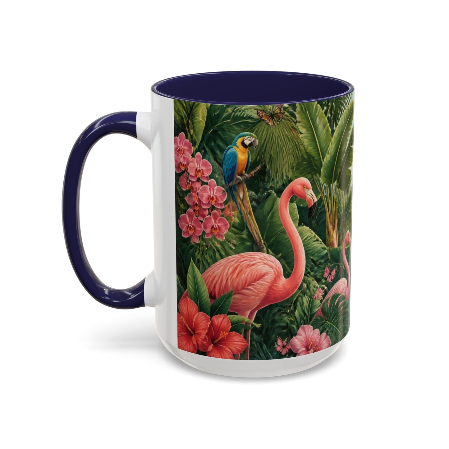 Tropical Flamingo Accent Mug — Colorful Parrot & Palm Coffee Cup