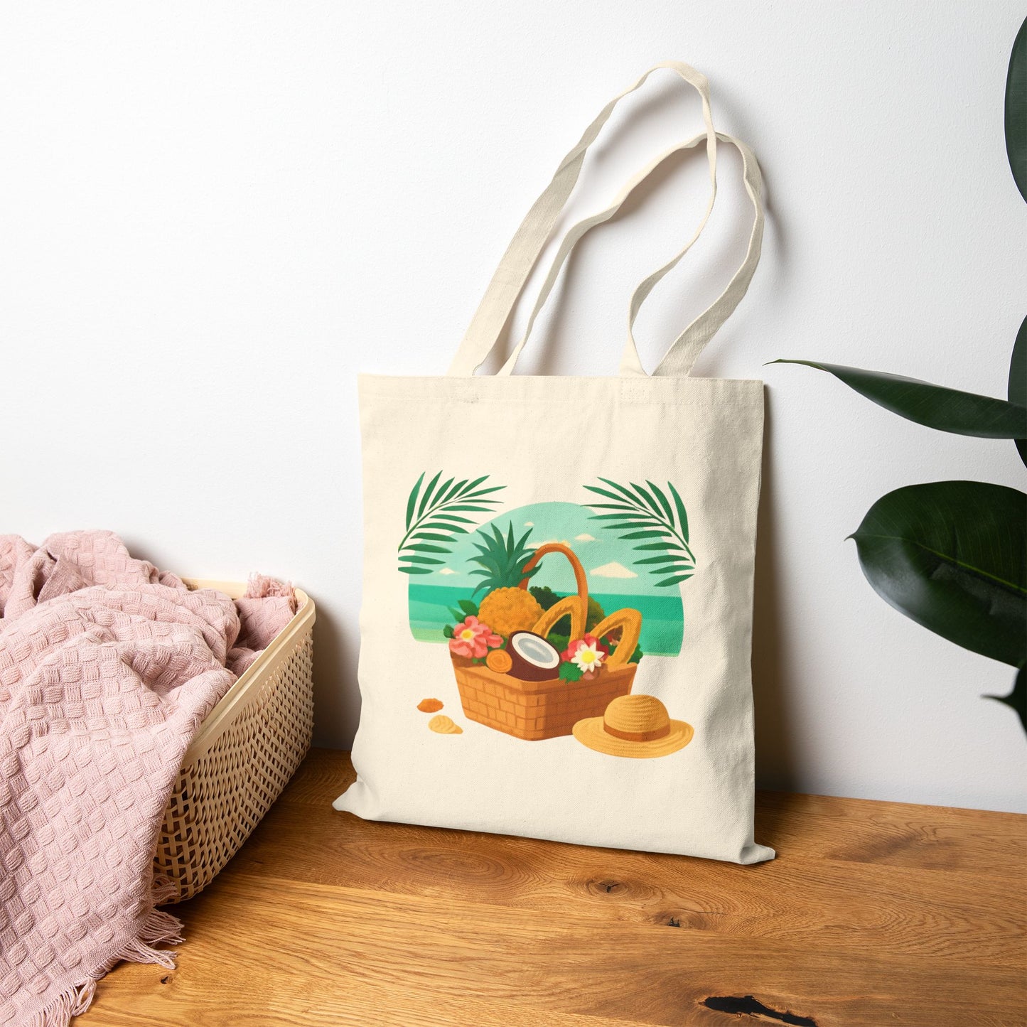Beach Picnic Tote Bag – Tropical Straw Hat & Basket Canvas Shopper