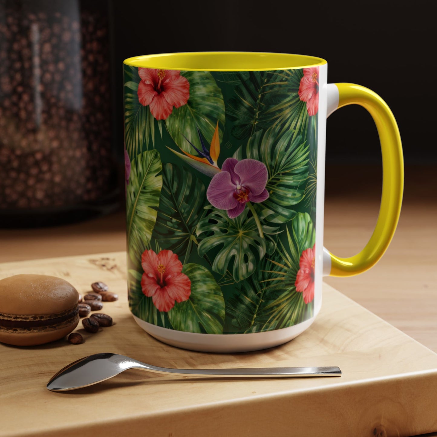 Tropical Floral Coffee Mug — Orchid & Hibiscus Accent 11/15oz