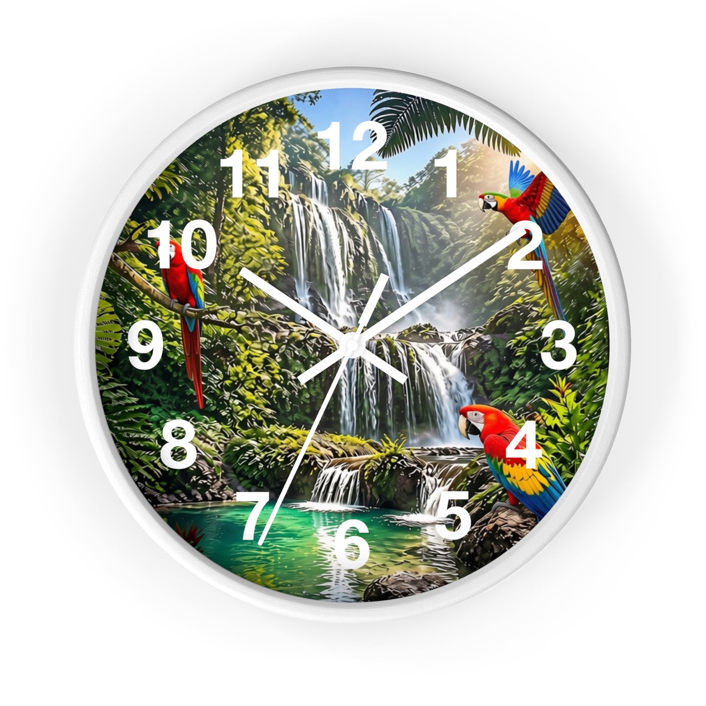 Tropical Waterfall Wall Clock with Colorful Parrots – Scenic Jungle Decor