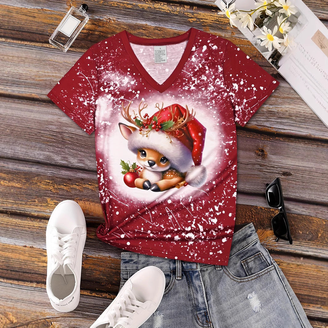 Christmas Reindeer Cartoon Printed Top – Festive Women’s Holiday Tee