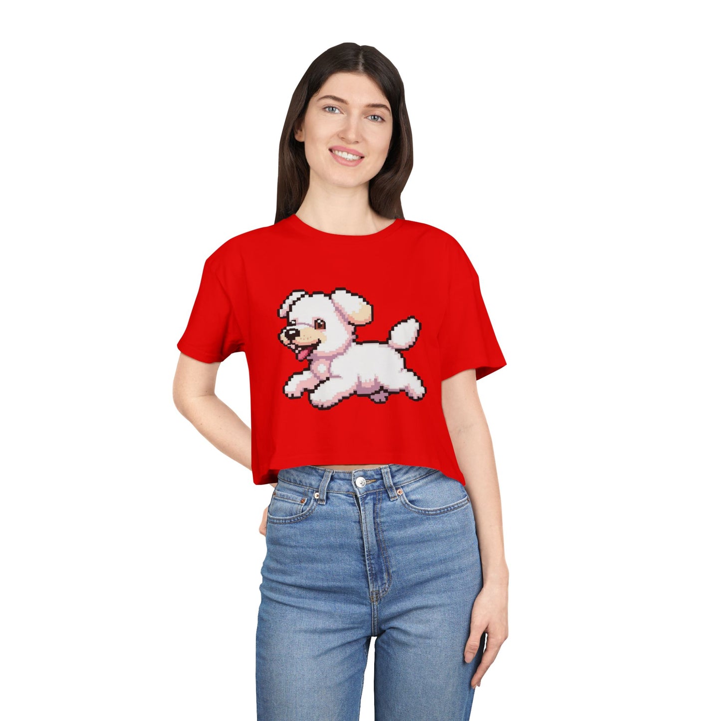 Playful Retro Dog Women's Crop Tee, Cute Animal Top, Summer Shirt, Gift for Dog Lovers, Casual Style, Beachwear
