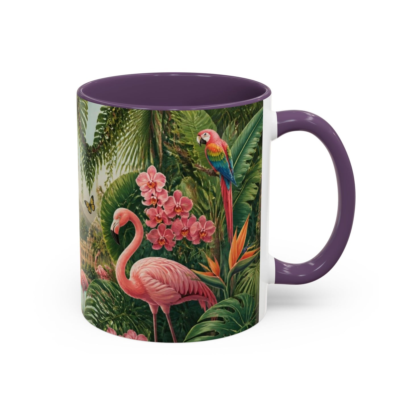 Tropical Flamingo Accent Mug — Colorful Parrot & Palm Coffee Cup