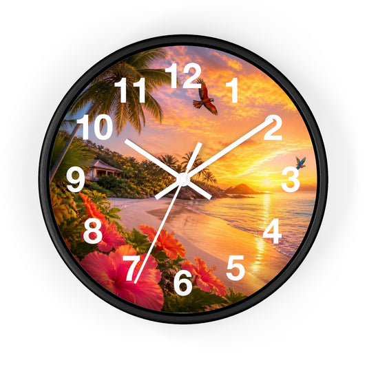 Tropical Sunset Wall Clock — Beachscape Clock with Hibiscus & Palm Design