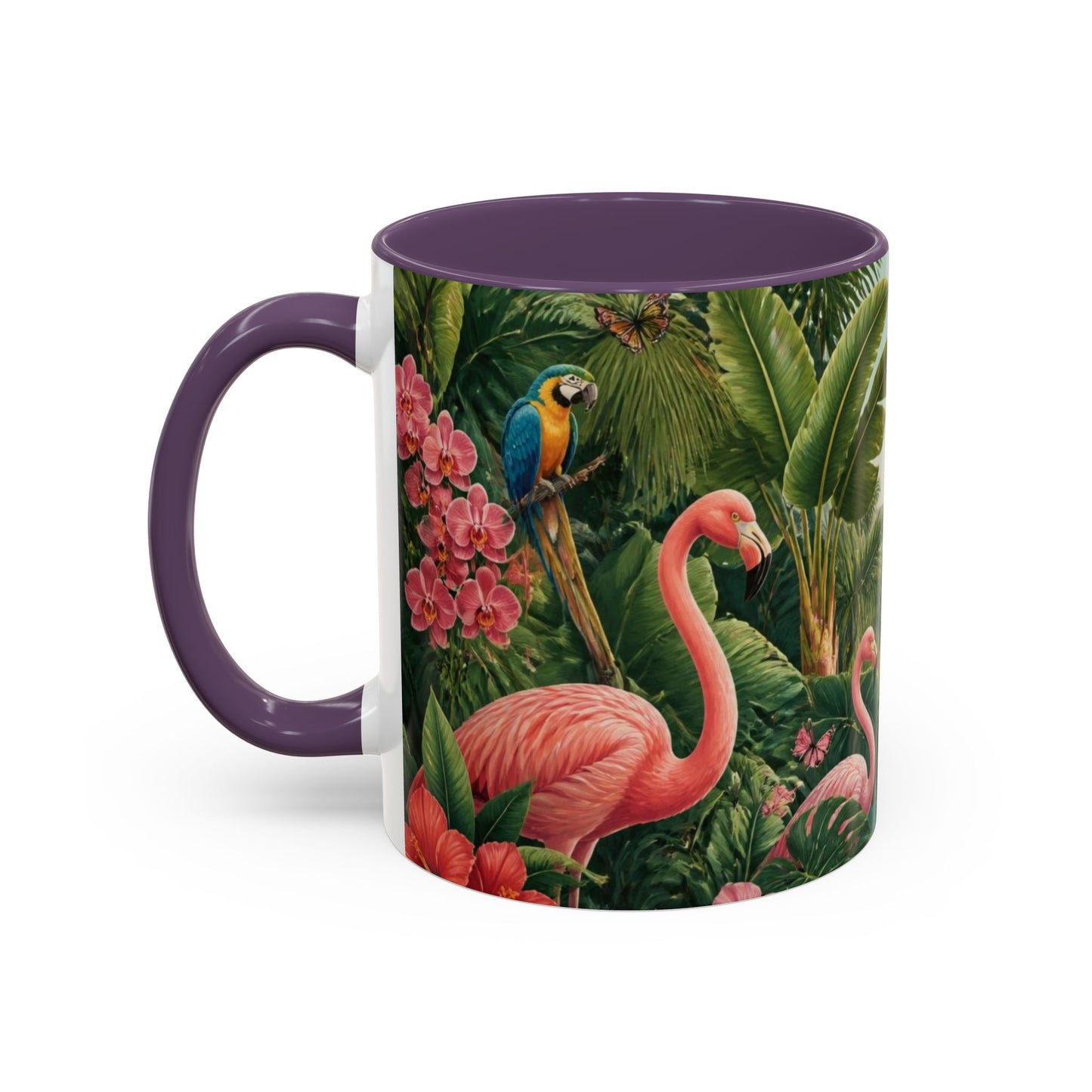 Tropical Flamingo Accent Mug — Colorful Parrot & Palm Coffee Cup