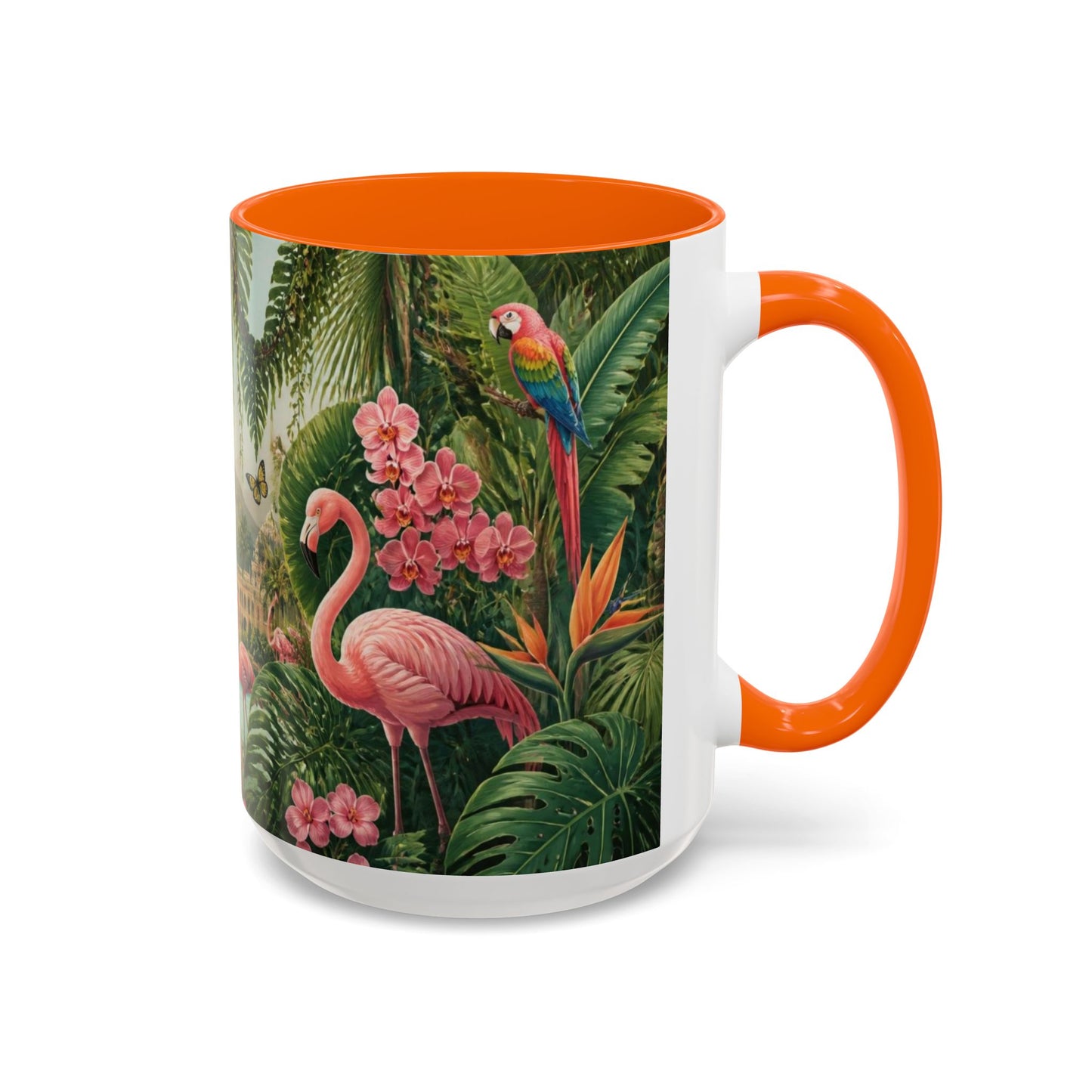 Tropical Flamingo Accent Mug — Colorful Parrot & Palm Coffee Cup