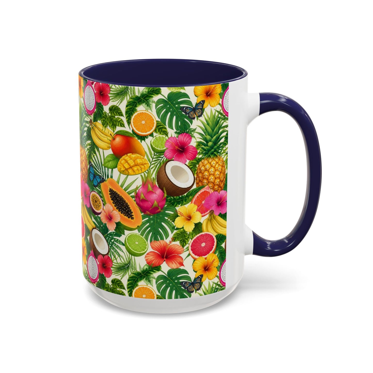 Tropical Fruit Coffee Mug — Colorful Pineapple & Hibiscus Accent Ceramic Mug (11/15oz)