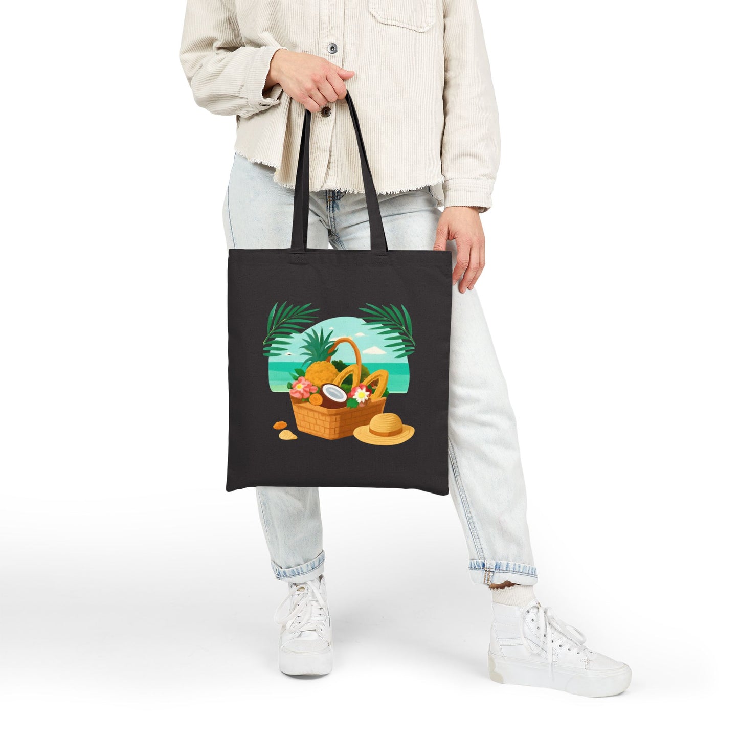 Beach Picnic Tote Bag – Tropical Straw Hat & Basket Canvas Shopper