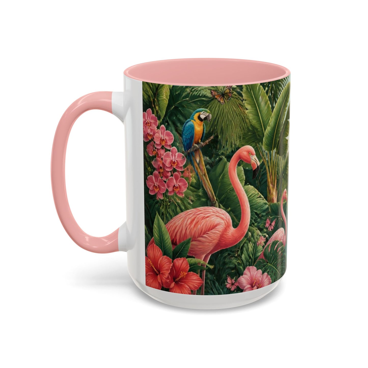 Tropical Flamingo Accent Mug — Colorful Parrot & Palm Coffee Cup