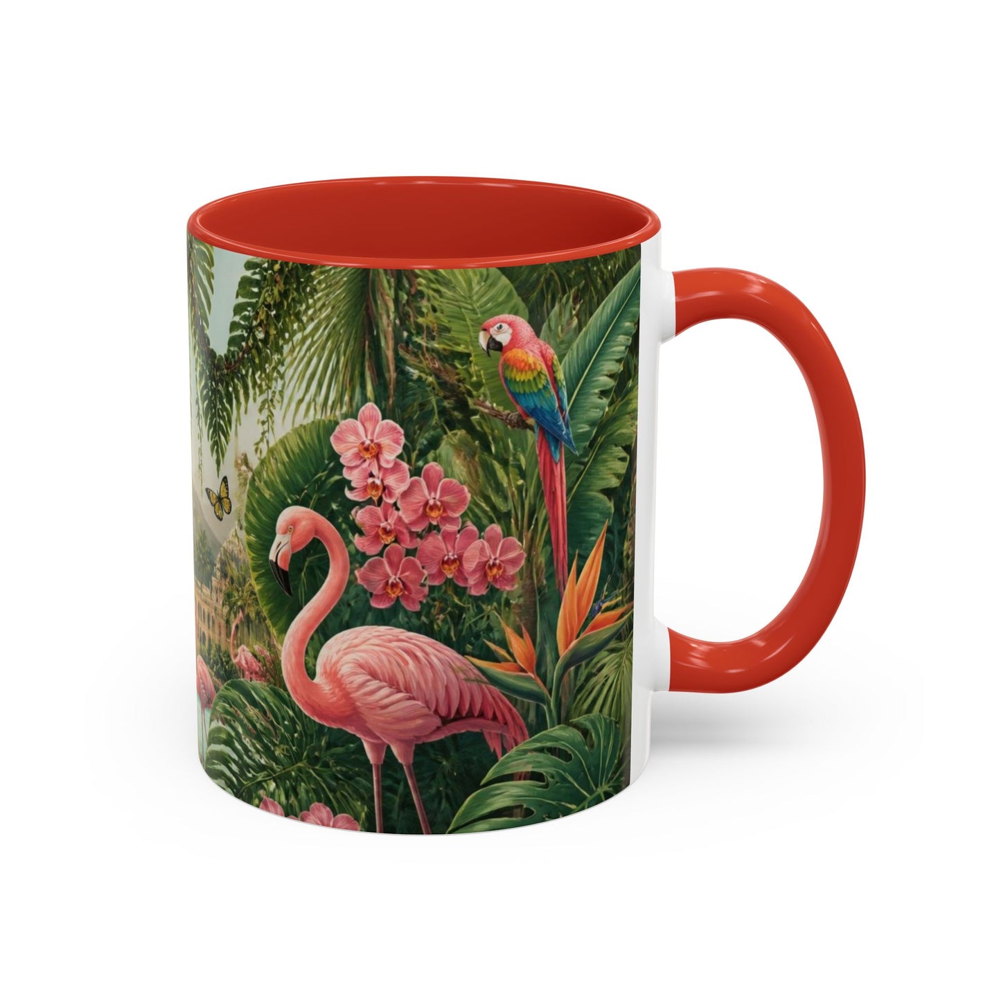 Tropical Flamingo Accent Mug — Colorful Parrot & Palm Coffee Cup