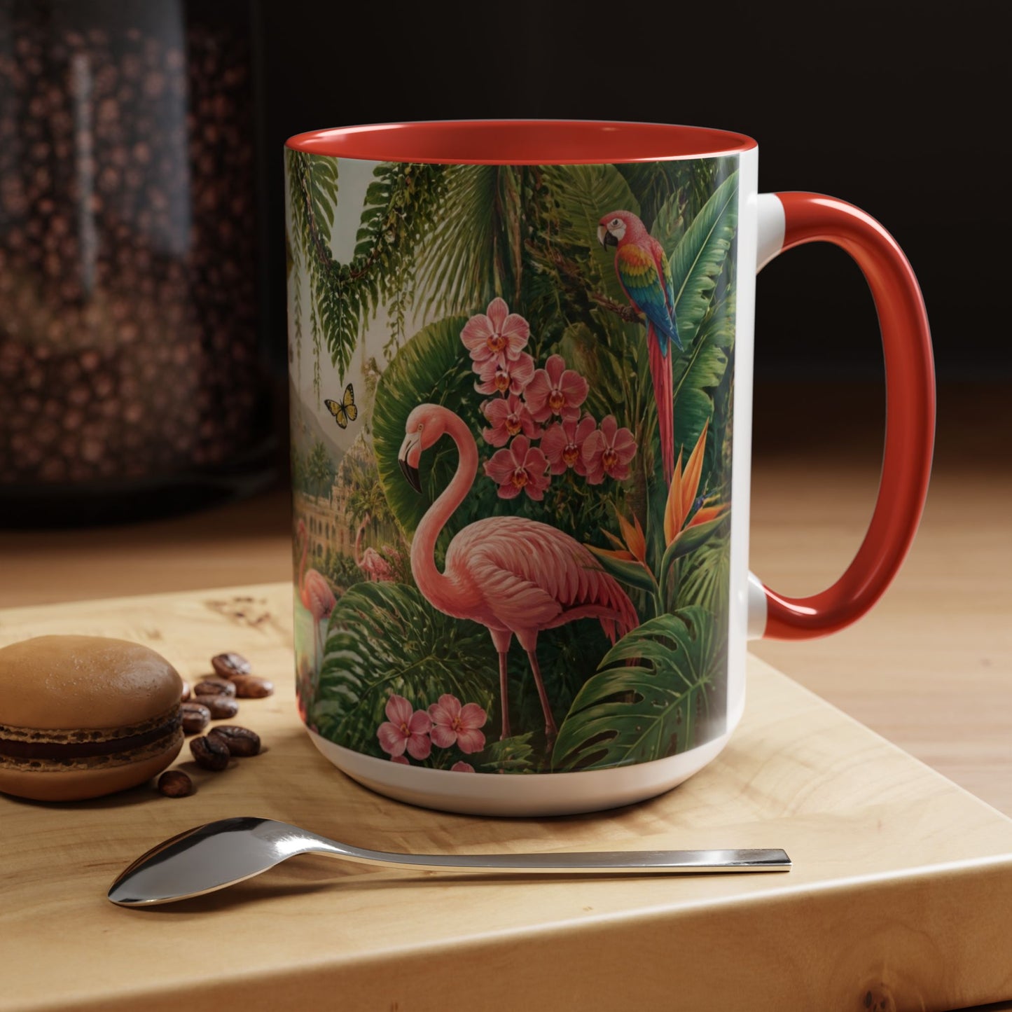 Tropical Flamingo Accent Mug — Colorful Parrot & Palm Coffee Cup
