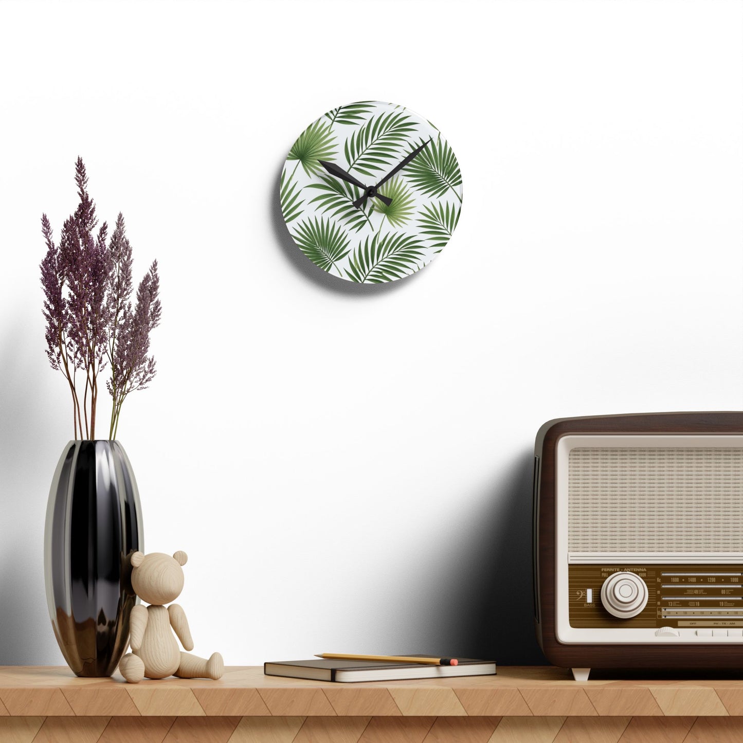 Tropical Palm Leaf Acrylic Wall Clock — Botanical Green Home Decor